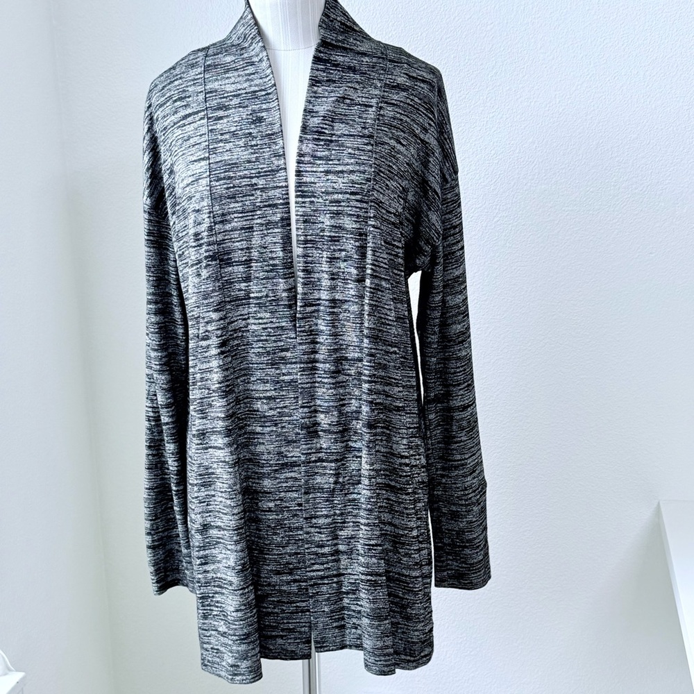 Tahari Grey Space Dye Knit Open Front Cardigan Long Duster Jacket Size Large